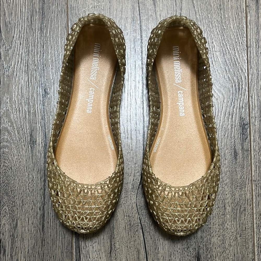 Like new! Mini Melissa Gold Flats with Woven Texture